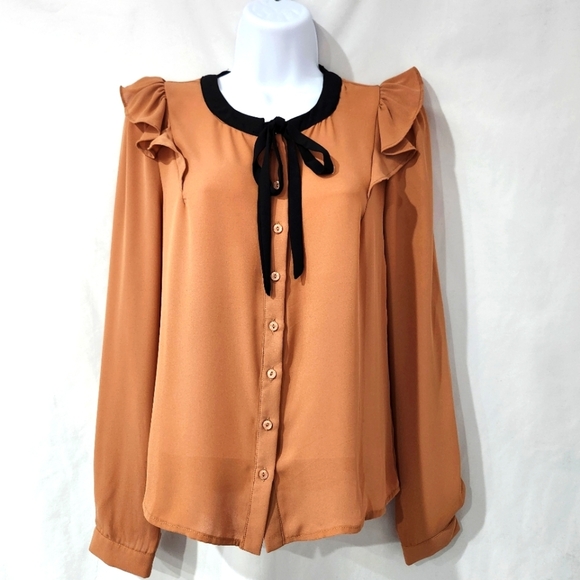 One Clothing Women's Tie Front Top Size Small Brown Black Twee Ruffle Bow Career - Picture 1 of 7